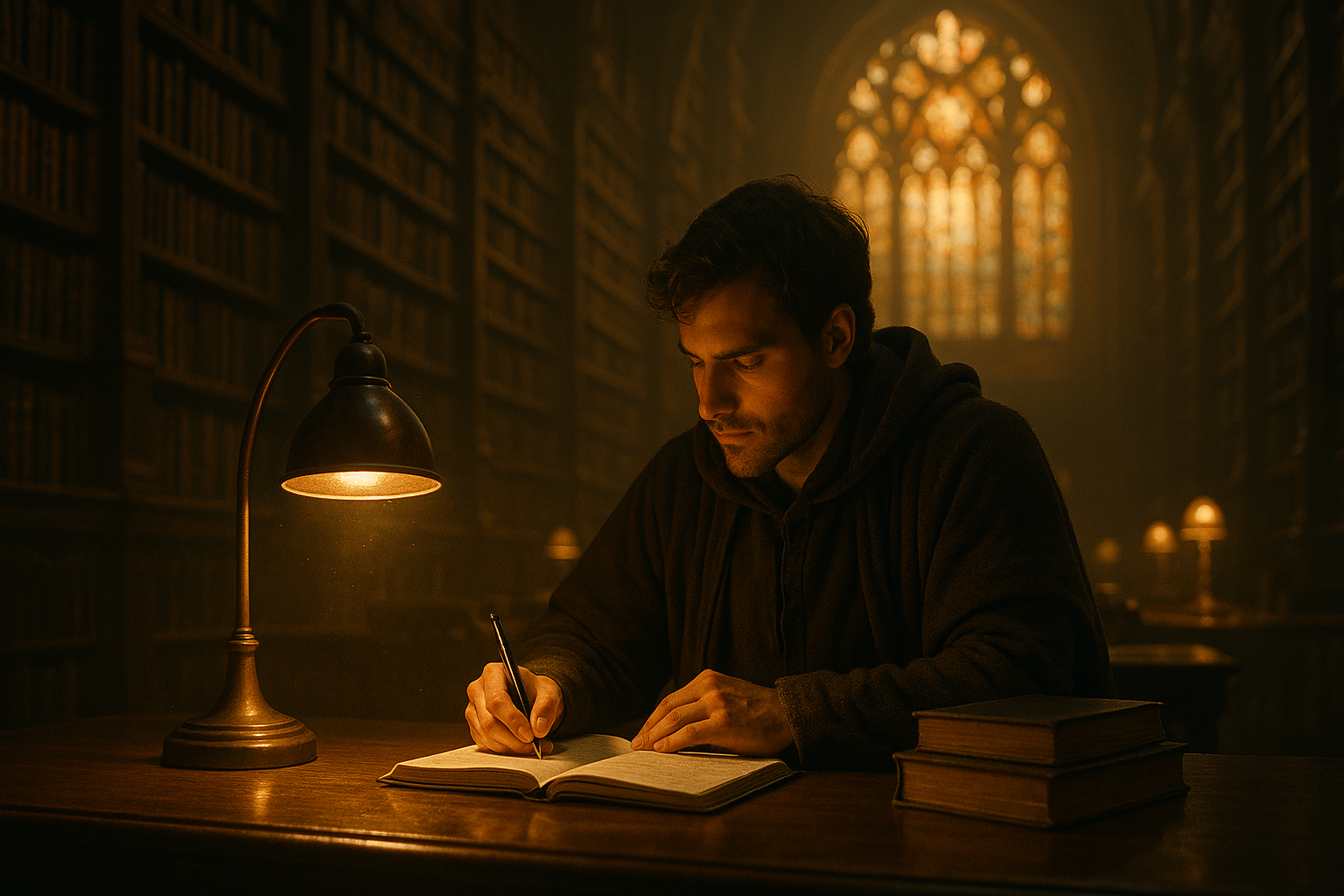 A reader at work at a long table in the library
